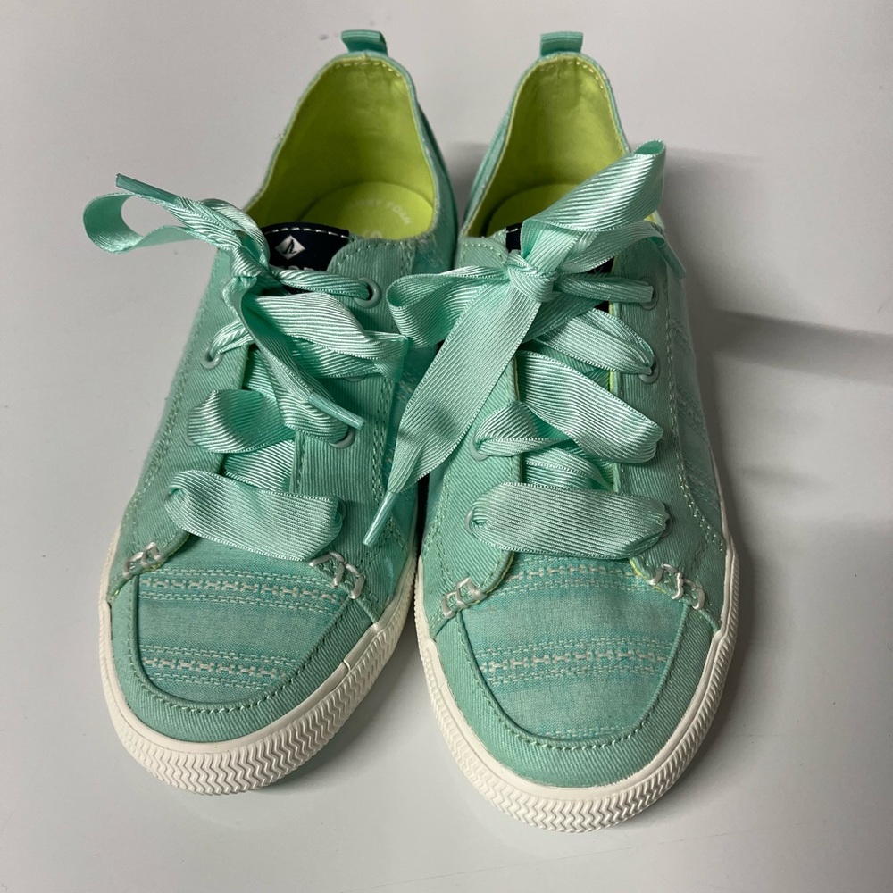 Sperry Girls Lounge Shoes 
Color: Mint
size 2 M
Extra set of laces